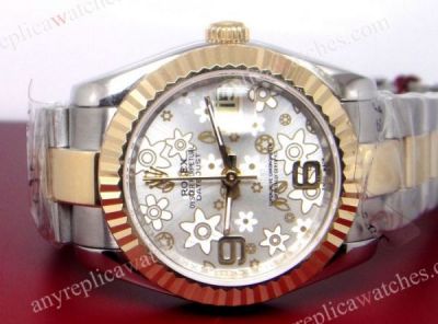 Rolex Datejust Fake Watch: Two Tone Silver Flower Face 36mm Men's Watch